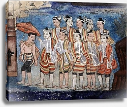 Постер Школа: Тайская A group of Thai yai men, detail of the murals of Viharn laikam portraying the Sang Thong Tales