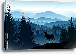 Постер Синий пейзаж с силуэтами туманных гор, лесов и оленей