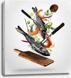 Постер Летающая сырая рыба и креветки