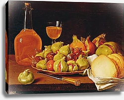 Постер Мелендес Луис Still Life with a plate of figs and pomegranates, bread and wine