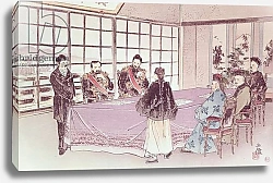 Постер Школа: Китайская 19в. The Japanese ministers I-Tso and Mou-Tsou discuss with the Chinese envoy Ri-Ko-Sho the conditions of the Shimonoseki truce, 16th April 1895