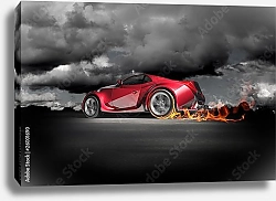 Постер Красный спортивный автомобиль с огненным шлейфом
