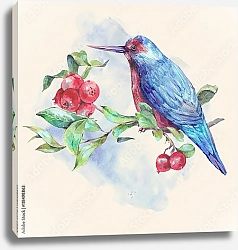 Постер Акварельная птица на ветке с красными ягодами.