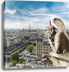Постер Горгулья и вид на город с крыши Нотр-Дам де Пари