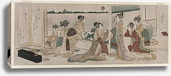 Постер Хокусай Кацушика Tsukasa and Other Courtesans of the Ogiya Watching the Autumn Moon Rise Over Rice Fields from a Balcony in the Yoshiwara