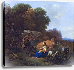 Постер Берхем Николас Крестьянин, играющий с женщиной и ребенком