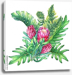 Постер Букета с розовыми цветами протея и тропическими растениями