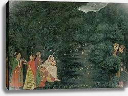Постер Школа: Индийская 18в MS 34.17 Women and a child by a stream in a wood at night, watched by two noblemen, Lucknow, School of Mihr Chand, c.1760,