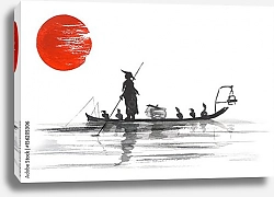 Постер Традиционный японский пейзаж с гребцом в лодке