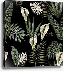 Постер Тропические белые цветы и листья на черном фоне