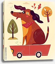Постер Иллюстрация с забавной собакой, сидящей на красной машинке