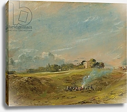 Постер Констебль Джон (John Constable) A View of Hampstead Heath, with figures round a bonfire