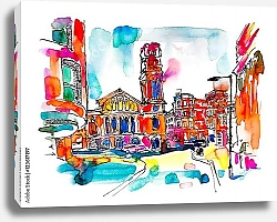 Постер Красочный эскиз живописной улицы Лондона с церковью