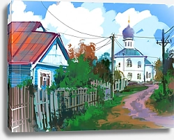 Постер Сельский пейзаж с церковью