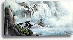 Постер Горный пейзаж с водопадом в китайском стиле