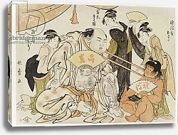 Постер Утамаро Китагава A game of neck pull between the Ozeki Tanikaze and Kintaro observed by three great beauties