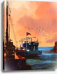 Постер Рыболовное судно в порту на закате