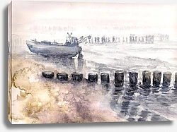Постер Рыбацкая лодка пришвартовалась во время тумана