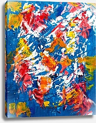 Постер Абстракция с белыми, желтыми и красными мазками на синем