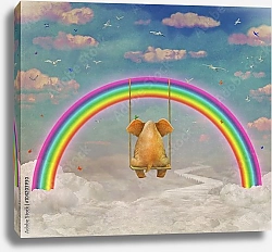 Постер Грустный слон на качелях под радугой