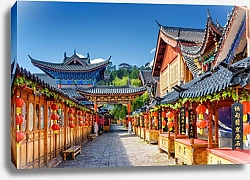 Постер Улица, украшенная традиционными красными фонарями, Лицзян, Китай
