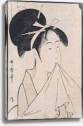 Постер Утамаро Китагава A bust portrait of Okita of the Naniwaya holding a hand towel in her teeth and stretching the cloth