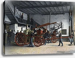 Постер Школа: Французская Firefighters of Paris. Central Post: Call to fire. At the time of the fire call, the stable guards bring the horses from their stall to their hitch position above which the hanging harnesses will be all seated by a simple traction. The driver
