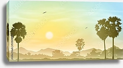 Постер Туманный пейзаж с пальмами на закате