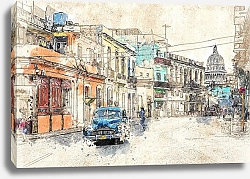 Постер Куба, Гавана, синий автомобиль на старой улице