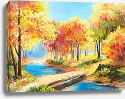 Постер Красочный осенний лес с мостиком через ручей