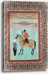 Постер Школа: Индийская 17в. Ms E-14 Shah Abbas on a horse holding a falcon, c.1620