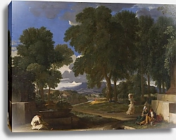 Постер Пейзаж с мужчиной, омывающим ноги в фонтане