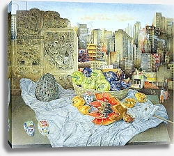 Постер Рив Джеймс (совр) Still Life with Papaya and Cityscape, 2000