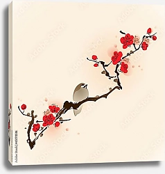 Постер Птичка и сакура в цвету