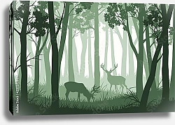 Постер Зеленый лес с деревьями и двумя оленями