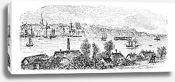 Постер River, buildings and mountain at Kiel, Germany vintage engraving