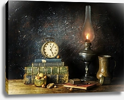 Постер Натюрморт с часами и керосиновой лампой на деревянном столе