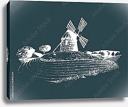 Постер Эскиз деревенской ветряной мельницы в полях