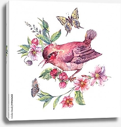 Постер Акварельная розовая птичка на цветущей ветке