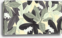 Постер Черные и зеленые листья с небольшими белыми цветами на светло-желтом фоне