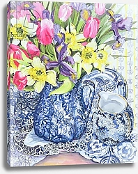 Постер Фивси Джоан (совр) Daffodils, Tulips and Irises with Blue Antique Pots