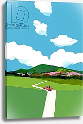 Постер Хируёки Исутзу (совр) Driving through the meadow in a red car.