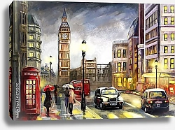 Постер Люди под зонтами на улице Лондона