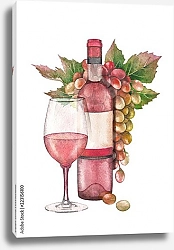 Постер Акварельная бутылка розового вина со стаканом и гроздью винограда