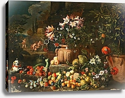 Постер Брейгель Абрахам Still life of flowers with fruits, putti and animals