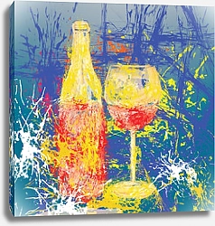Постер Вино и бокал, рисунок пятнами на синем фоне