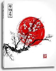 Постер Сакура в цвету и красное солнце