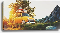 Постер Ретро автомобиль едет по прекрасной сельской дороге на закат