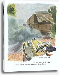 Постер Une des plaies de la route: le lourd camion aves ses remorques et sa fumee.