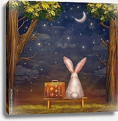 Постер Грустный кролик с чемоданом на скамейке